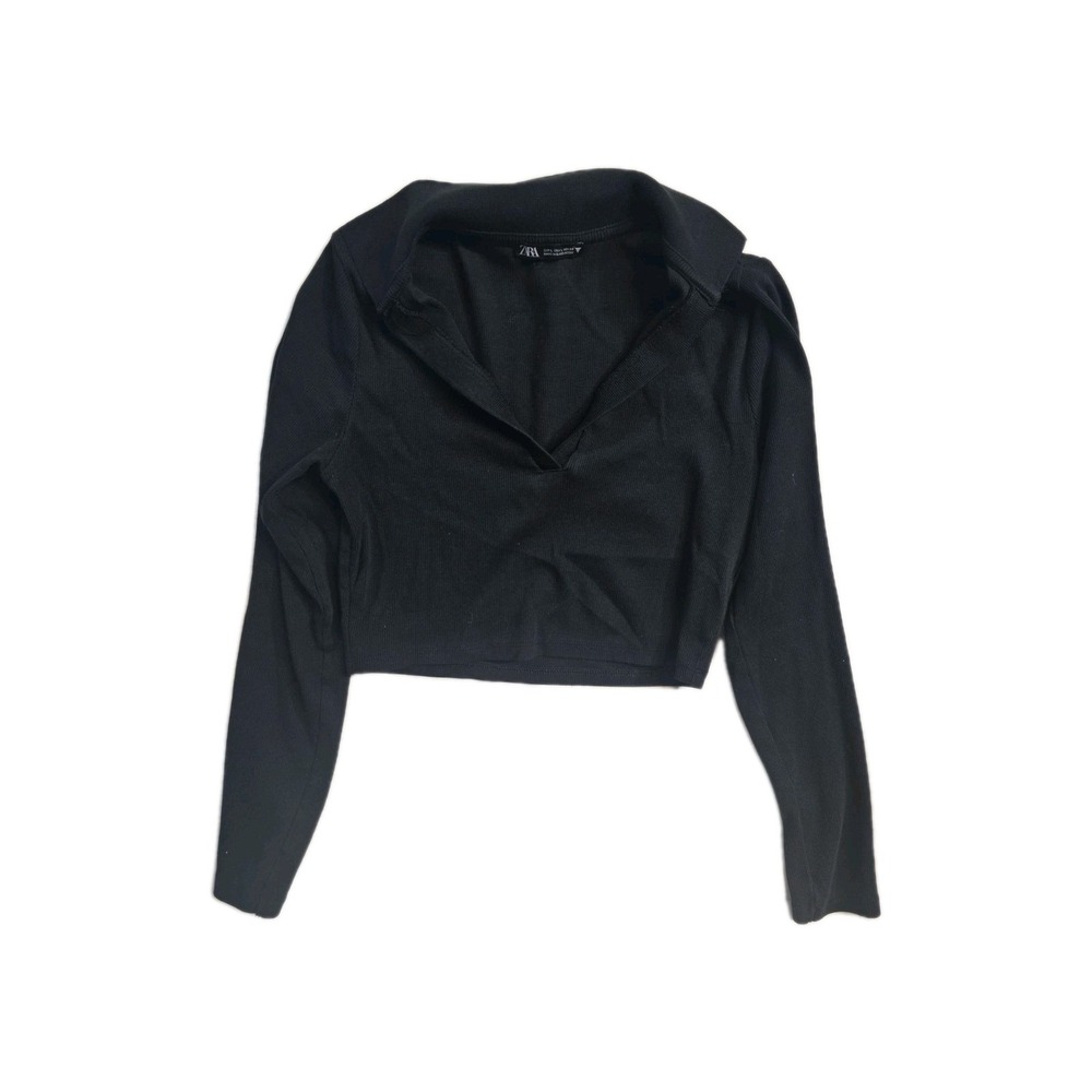 Zara Women's Long Sleeves Shirt Cropped Large Black Ribbed